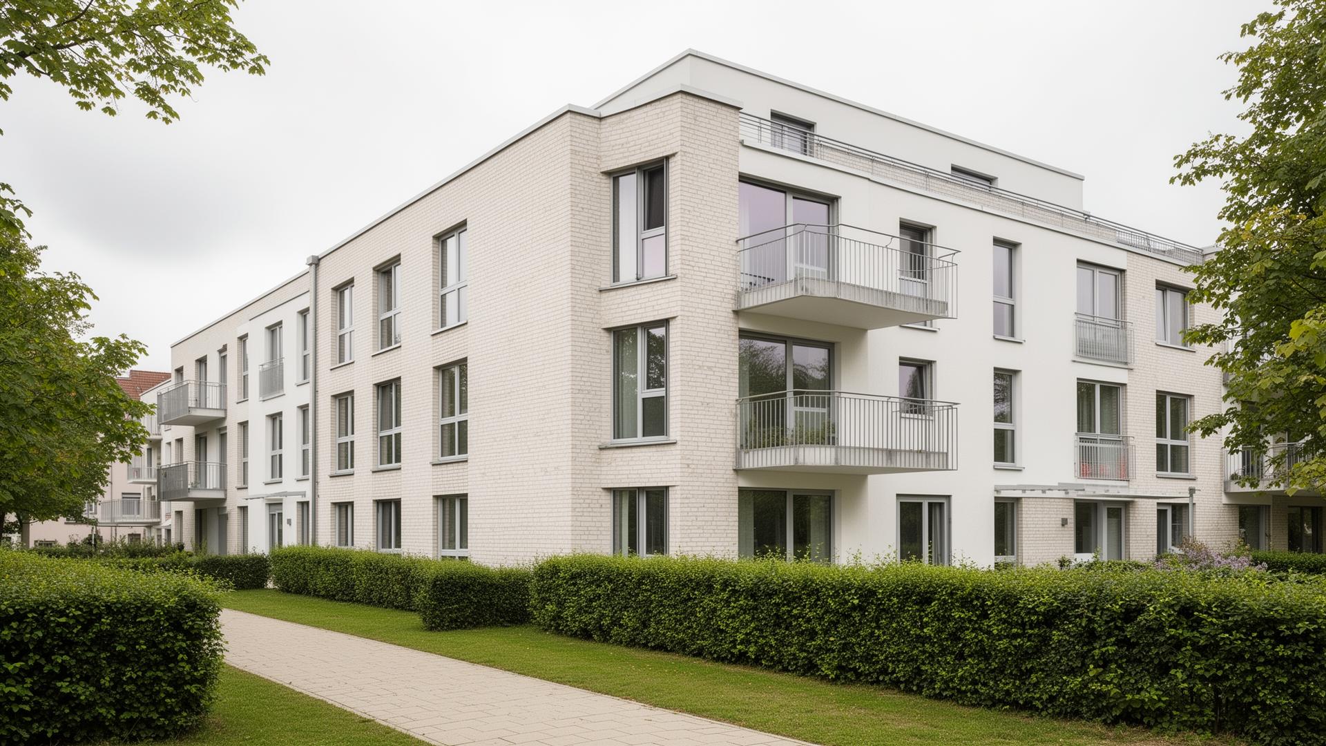 Modernes Mehrfamilienhaus mit hellem Klinker, Balkonen und gepflegter Außenanlage in Norddeutschland.