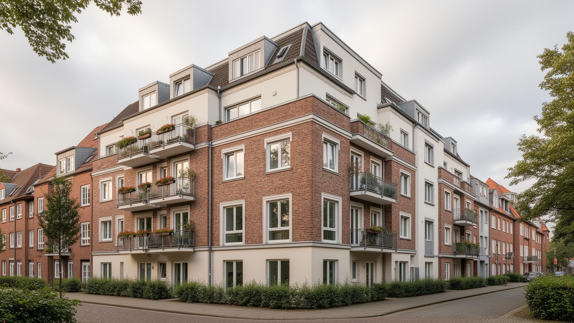 Modernes Mehrfamilienhaus mit Backsteinfassade in der norddeutschen Region.